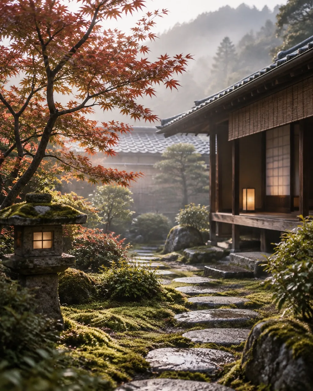 Traditional Japanese ryokan garden in soft morning mist