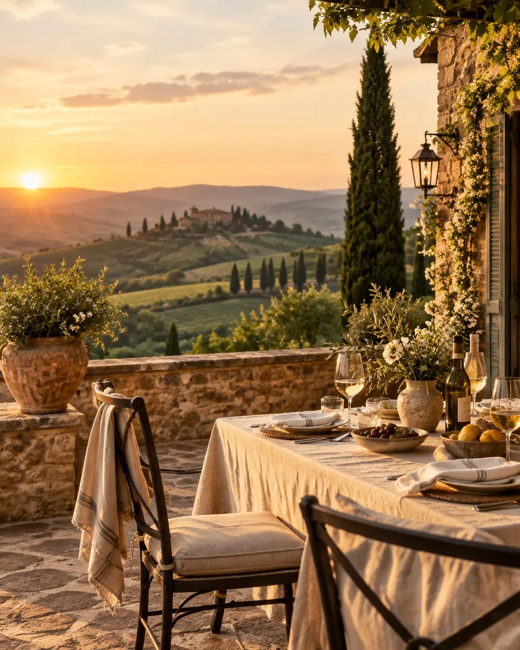 Tuscan villa terrace overlooking rolling hills at sunset