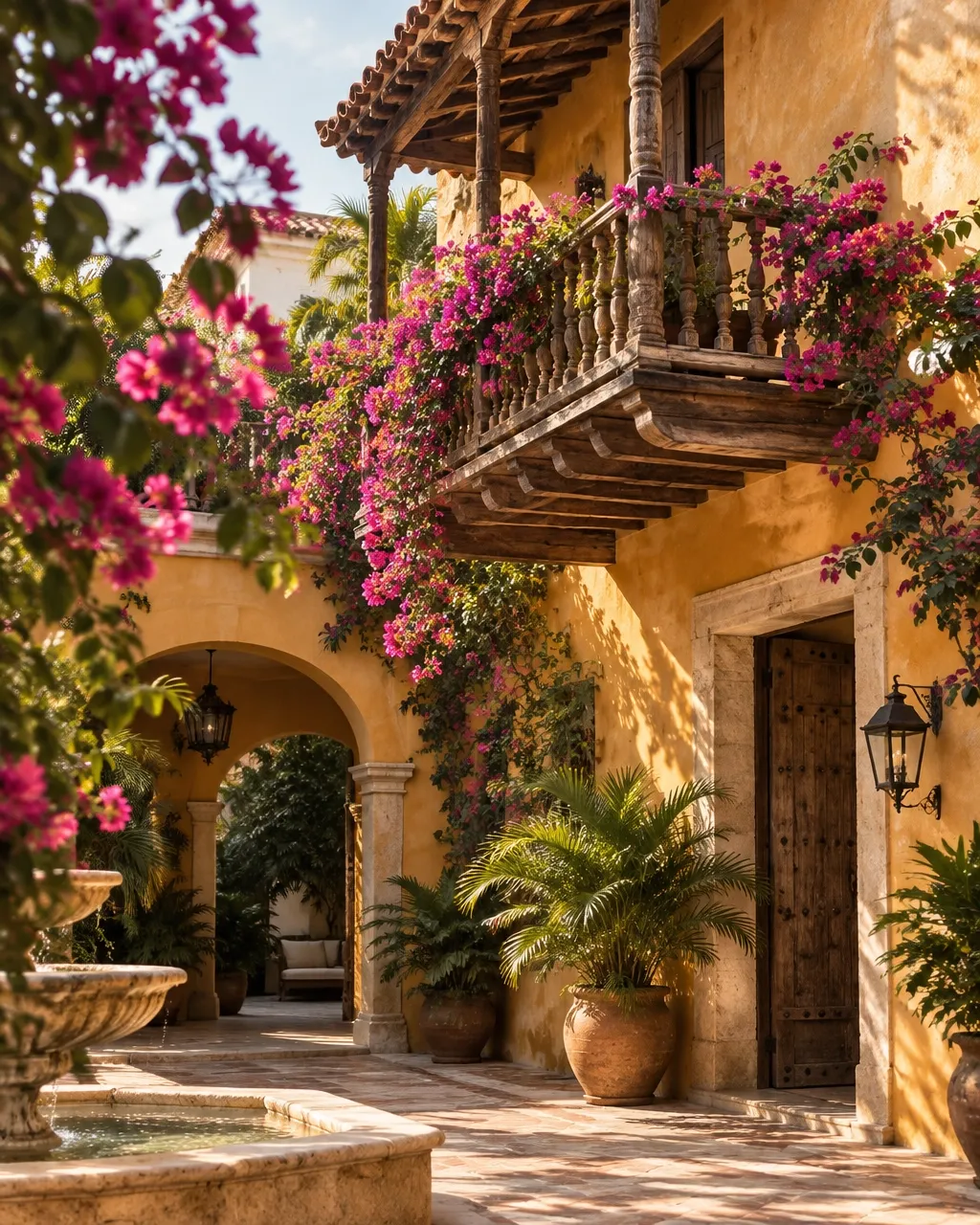 Sunlit colonial courtyard in Latin America