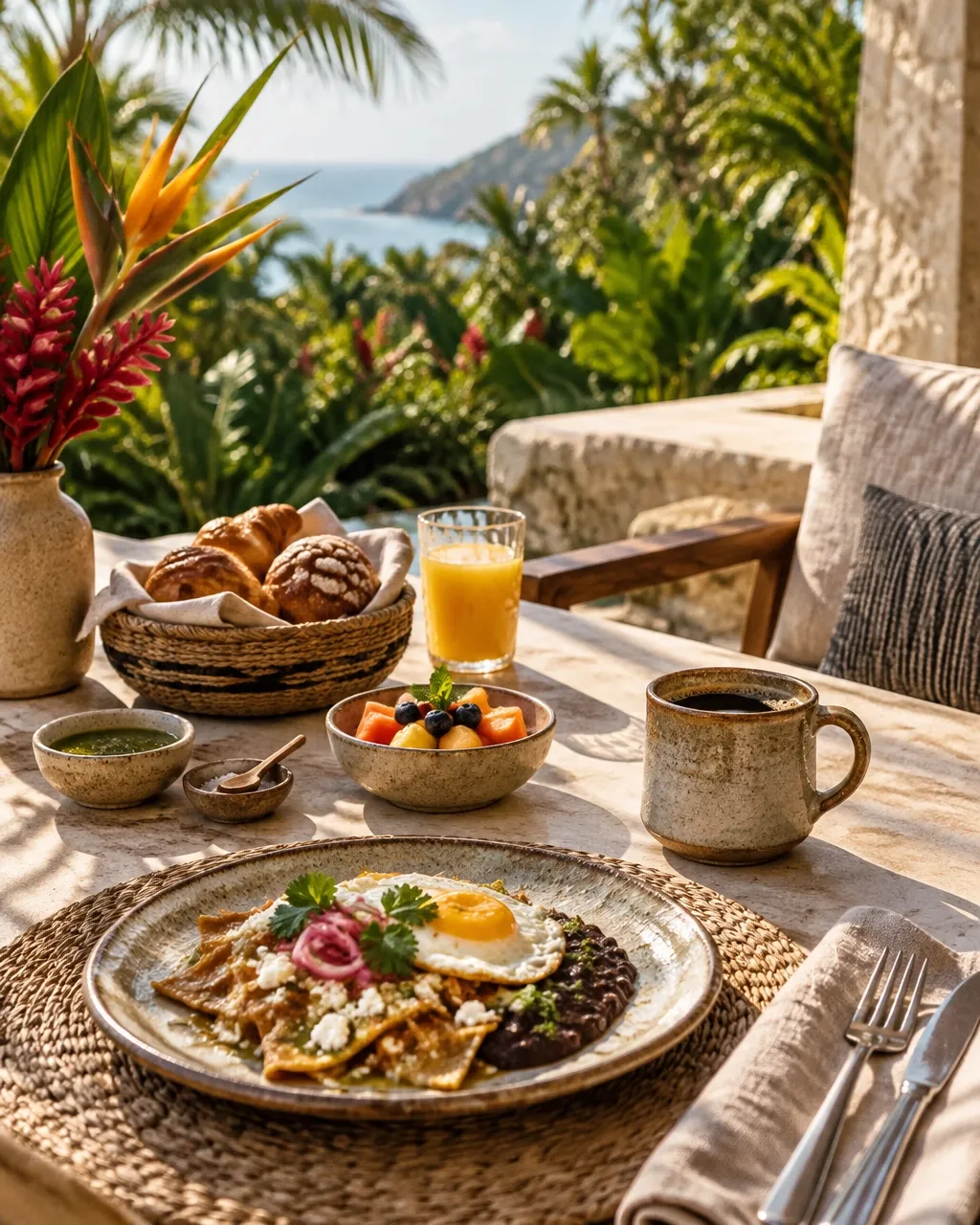 Breakfast served on a quiet luxury hotel terrace